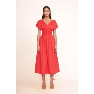 STAUD Jackson Hibiscus Red Smocked Midi Dress Cotton Poplin Holiday Fit & Flare